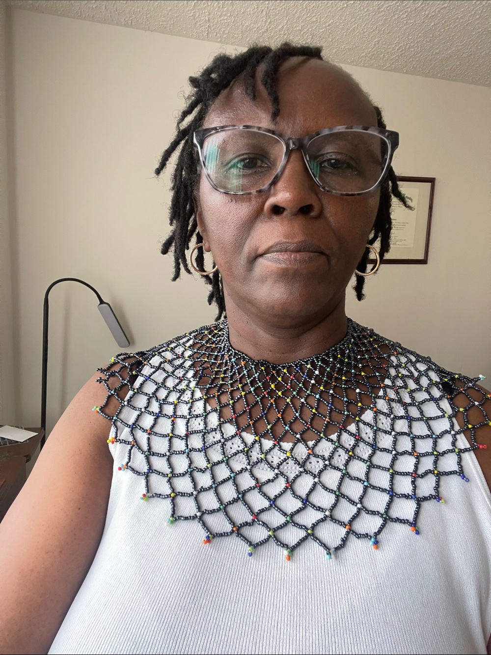 Handmade Black Beaded Collar Necklace with Multicolor Accents